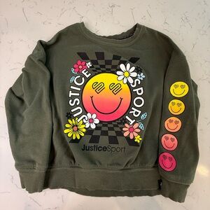 Justice Sport Green Sweatshirt with Smiley and Floral Design